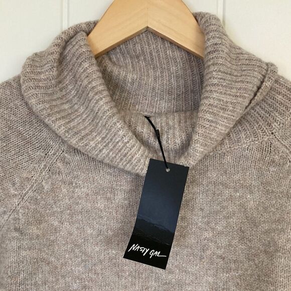 Nasty Gal Sweater Womens Large Heathered Tan Roll Neck Split Side Chunky… - Picture 2 of 11